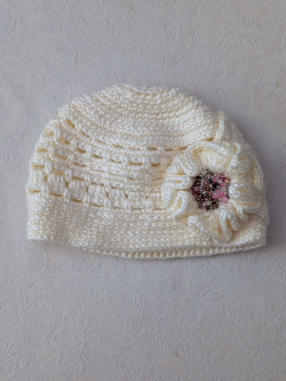 Handmade Crochet Beanie Hat Newborn Ivory Pink Silver Beaded Flower Girls